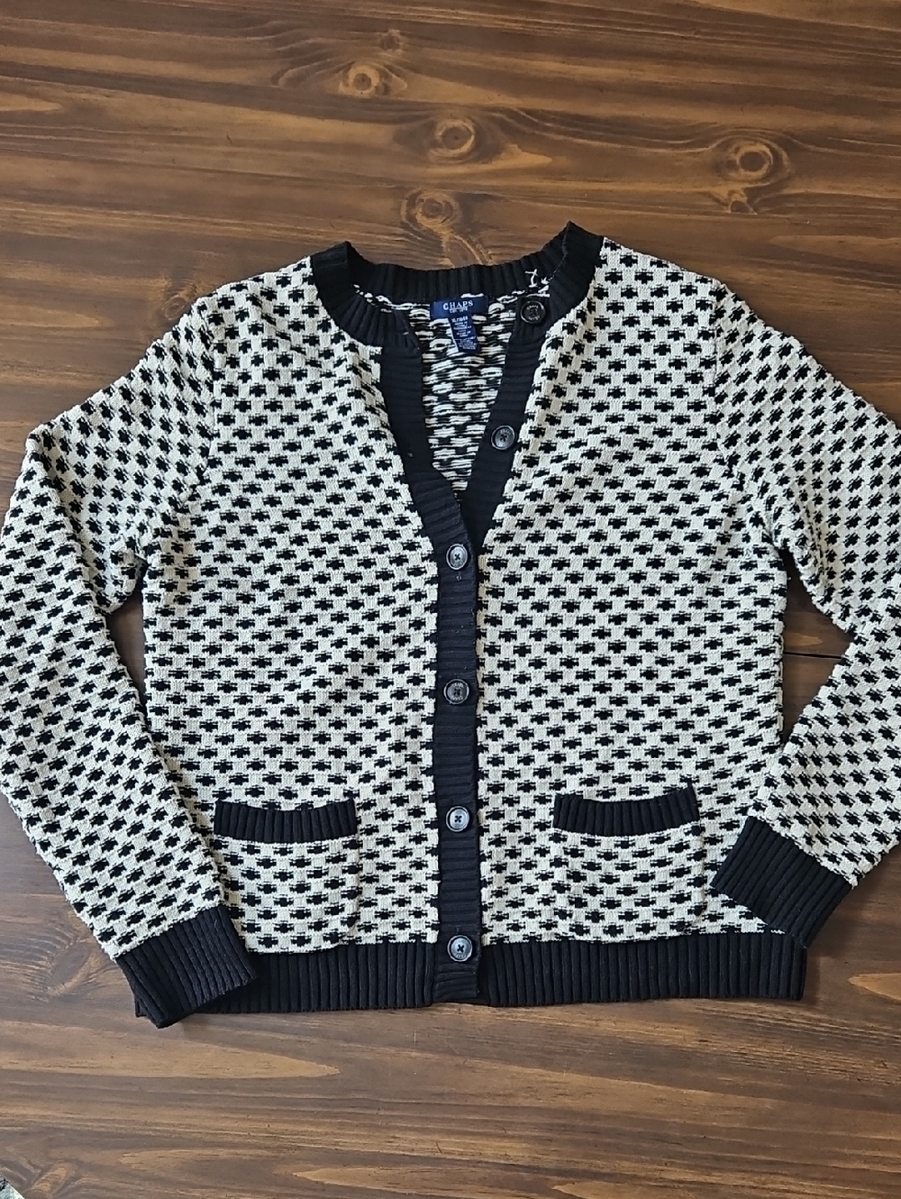 Chaps Black and White Houndstooth Cardigan Sweater